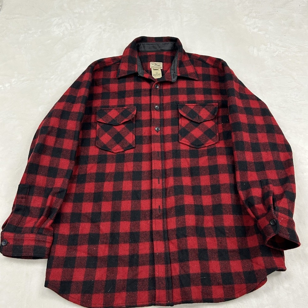 LL Bean Flannel Shirt Mens L Red Black Buffalo Check Wool Blend Button Down